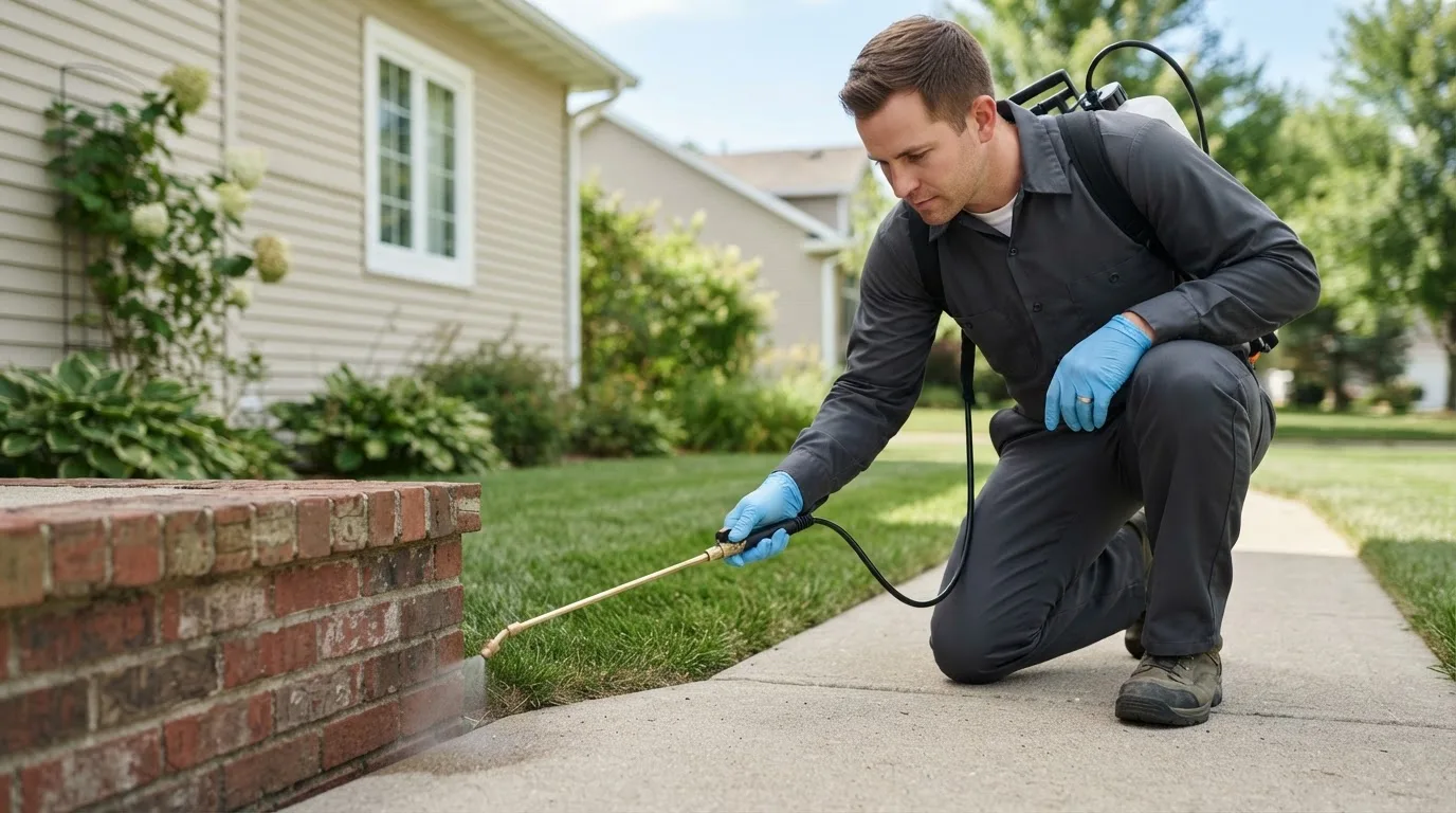 Pest control technician treating a home near Roy, WA